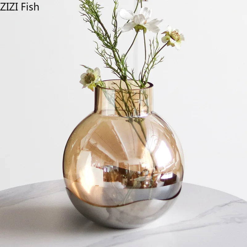 Afralia™ Amber Glass Vase Desk Decoration Round Floral Room Decor