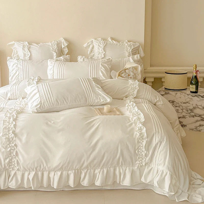 Afralia™ Princess Ruffles Bedding Set: Duvet Cover, Bed Sheet, Pillowcases - Cream White Color