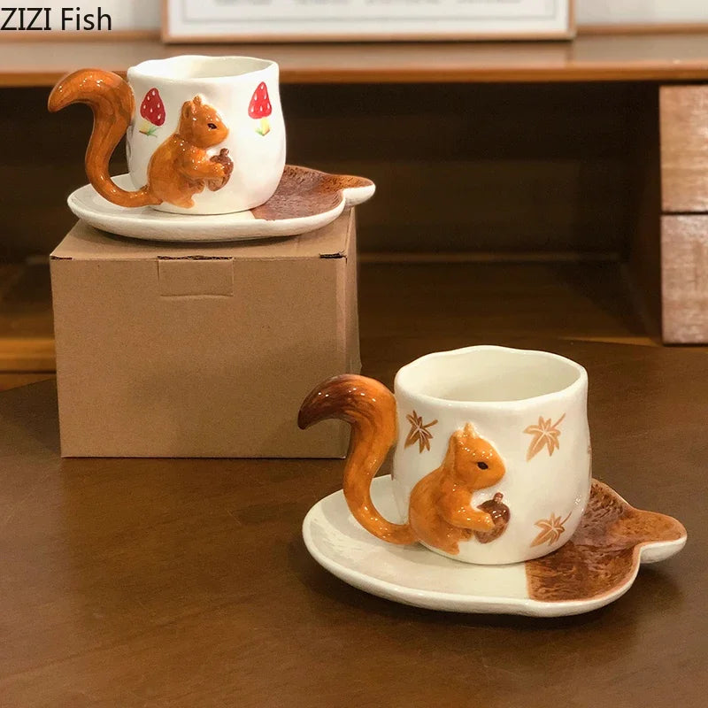 Afralia™ Porcelain Maple Leaf Cup & Saucer Set - Squirrel Design