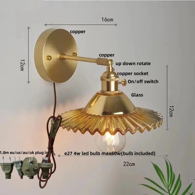 Afralia™ Green Glass LED Wall Lights with Pull Chain Switch - Vintage Copper Sconce