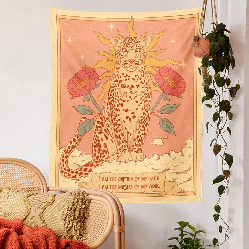 Bohemian Sun Tapestry Wall Hanging by Afralia™ - Tiger Floral Tarot Moon Aesthetic