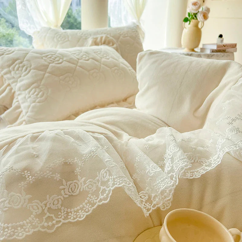 Afralia™ Velvet Princess Lace Ruffles Bedding Set - 4pcs Luxury Solid Color