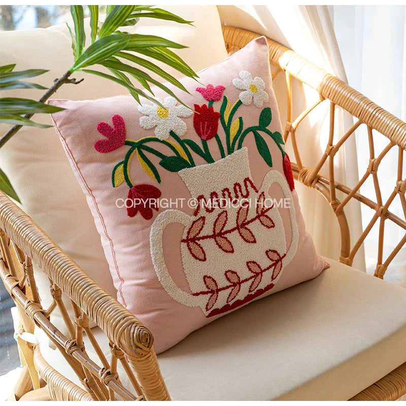 Afralia™ Pink Flowers & Vase Embroidered Pillow Cover 45x45cm Sofa Couch Armchair