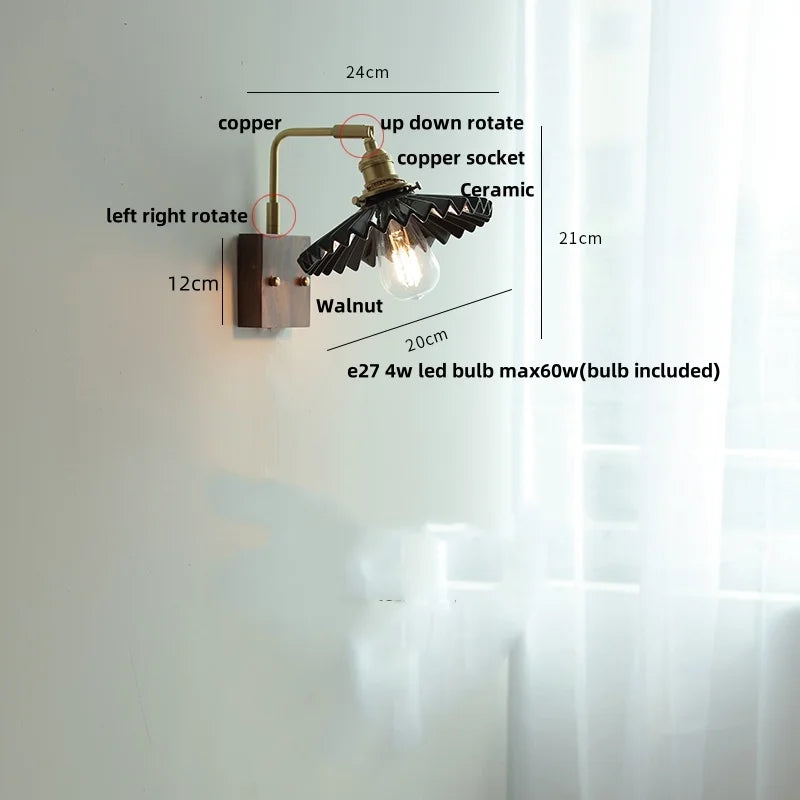 Afralia™ Nordic LED Walnut Wood Wall Lamp with Rotating Ceramic Copper Pull Chain Switch