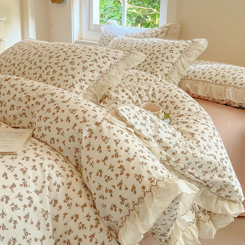 Afralia™ Floral Lace Ruffle Cotton Bedding Set with Quilt Cover, Duvet Cover, and Pillowcases