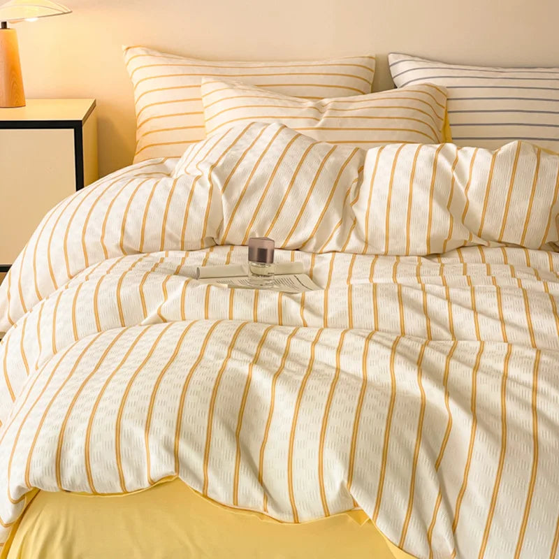Afralia™ Striped Cotton Bedding Set: High-End Japanese Jacquard Quilt Cover Kit for Single Double