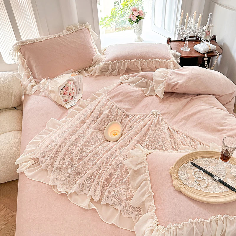 Afralia™ French Lace Ruffles Princess Wedding Bedding Set, Velvet Fleece Duvet Cover Set