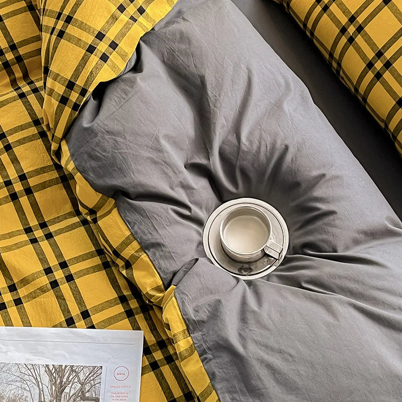 Afralia™ Plaid Cotton Bedding Set: Soft & Cozy Queen Single Fitted Sheet, Quilt Cover, Pillowcase