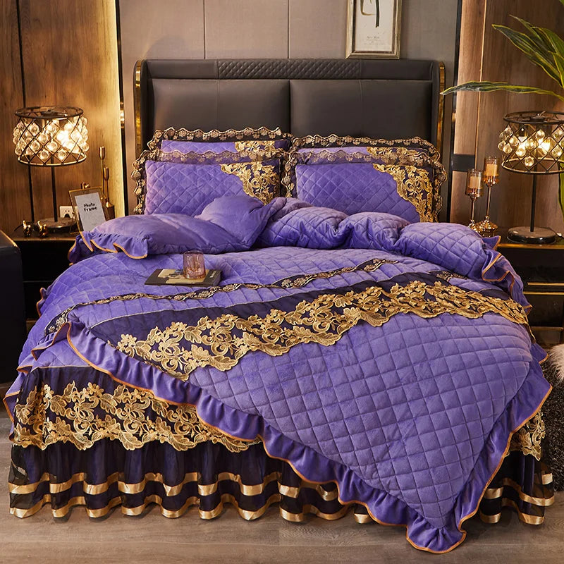 Afralia™ Black Gold Luxury Crystal Velvet Bedding Set with Quilted Embroidery & Ruffles