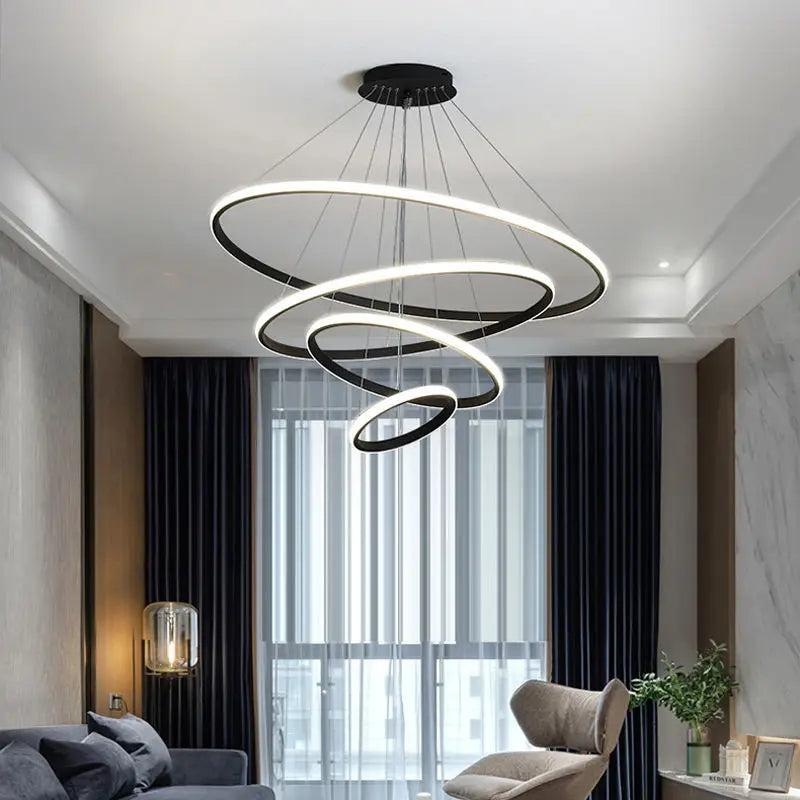 Afralia™ Modern Black LED Rings Circle Ceiling Pendant Chandelier for Living Room