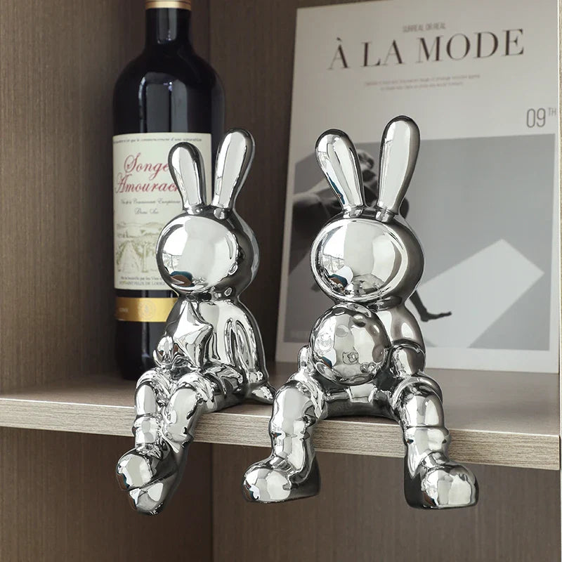 Afralia™ Electroplated Rabbit Sculpture Set, Home Office Decor, Living Room Animal Statue