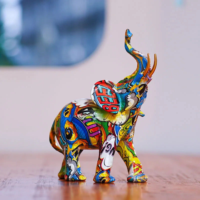 Afralia™ Elephant Resin Figurine: Graffiti Animal Statue for Home Feng Shui Decor