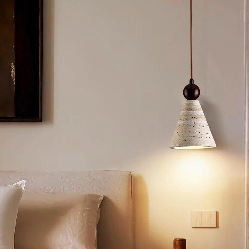 Afralia™ Wood Stone LED Pendant Lamp Yellow Travertine Vintage Hanging Luminaria