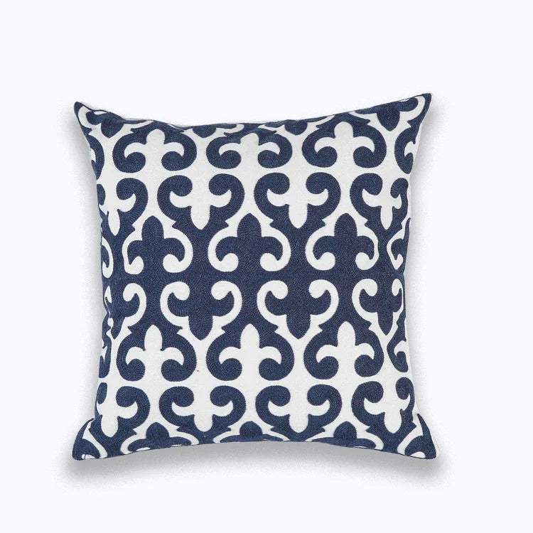 Afralia™ Blue Floral Mandala Leaves Wave Embroidered 45x45cm Cotton Pillow Cover