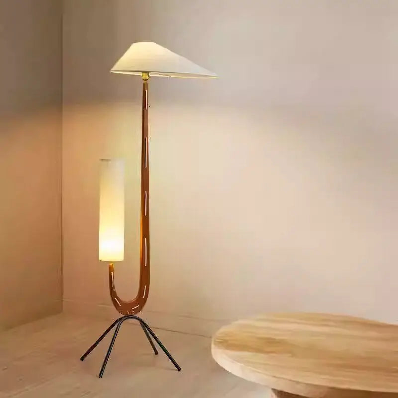 Afralia™ Solid Wood Fabric LED Floor Lamp Vintage Living Room Bedroom Standing Light