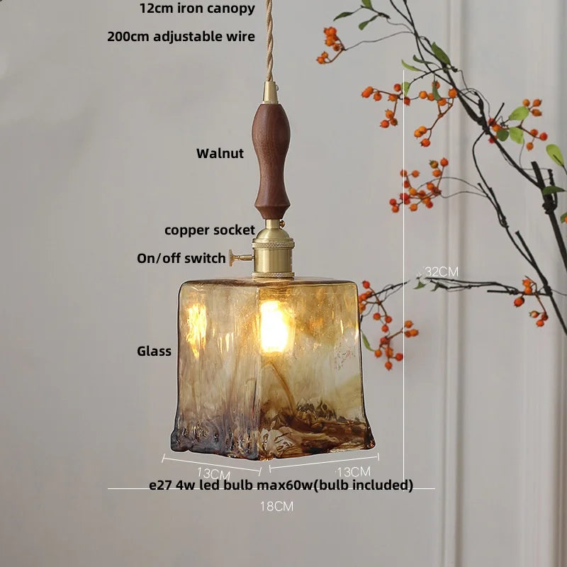 Afralia™ Amber Glass Adjustable LED Pendant Light Fixture, Vintage E27 Copper Hanging Lamp