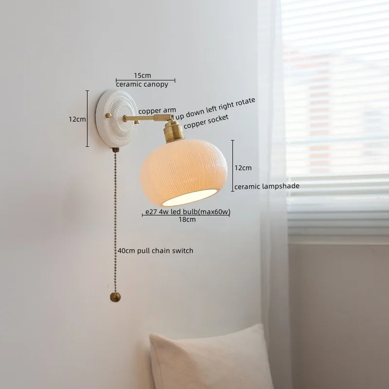 Afralia™ Vintage Ceramic LED Wall Sconce Light with Copper Pull Chain Switch