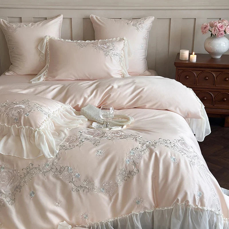Afralia™ Luxury Flowers Embroidery Bedding Set Queen King Size 1000TC Egyptian Cotton