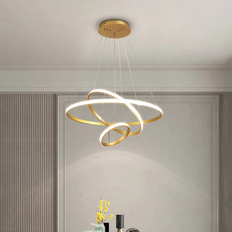 Afralia™ Gold Circle Rings Chandelier LED Pendant Light for Living Room, Kitchen, Dining Room