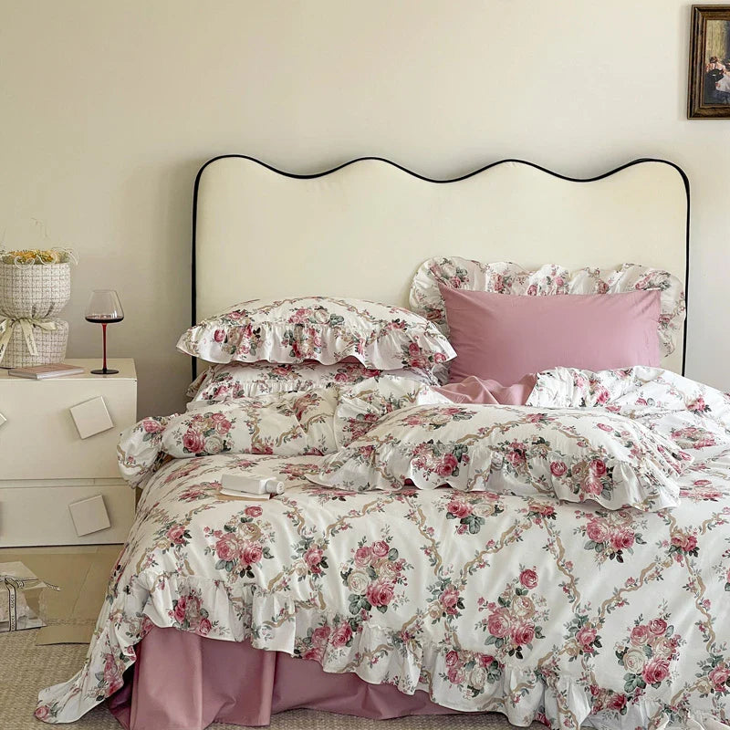 Afralia™ Vintage Rose Lace Ruffles Bedding Set - 100% Cotton French Style