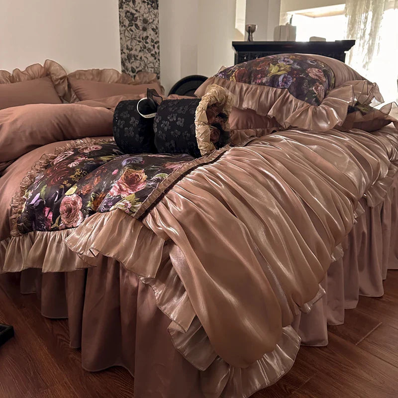 Afralia™ French Organza Lace Ruffles Bedding Set, Egyptian Cotton Duvet, Sheets & Pillowcases