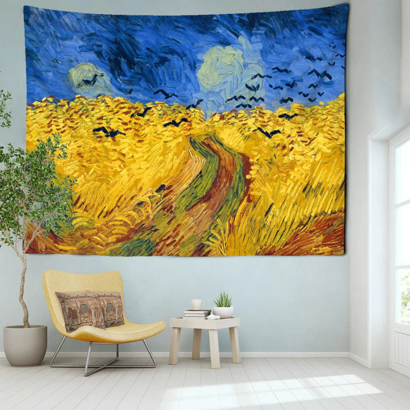 Afralia™ Golden Field Oil Painting Tapestry Wall Hanging - Retro Hippie Art Decor