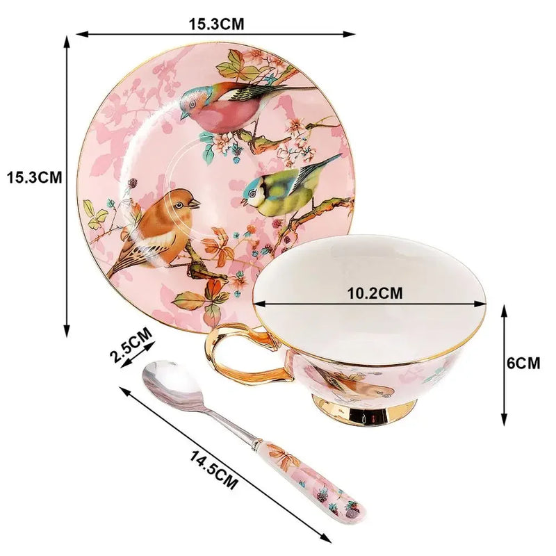 Afralia™ Porcelain Tea Cup Saucer Spoon Set | Elegant Bird Design Coffee 200ml Mug Tray