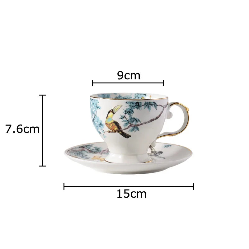Afralia™ Flowers & Birds Pattern Ceramic Cup & Saucer Set for Dining Table - Tea & Coffee Mug