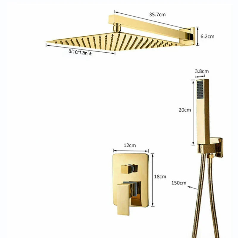 Afralia™ Luxury Golden Shower Faucet Set with Rainfall Top spray and Wall Mount Mixer Tap