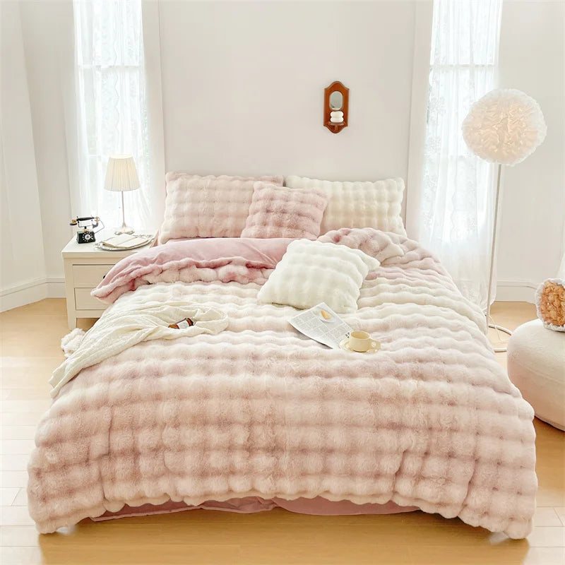 Afralia™ Velvet Fleece Princess Bedding Set in Pink Purple Grey Gradient, Luxury Duvet Cover & Faux Rabbit Fur