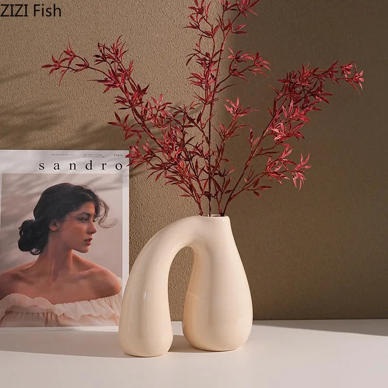 Afralia™ N-shape Ceramic Vase for Table Decoration and Hydroponics | Room Aesthetic Flower Vase
