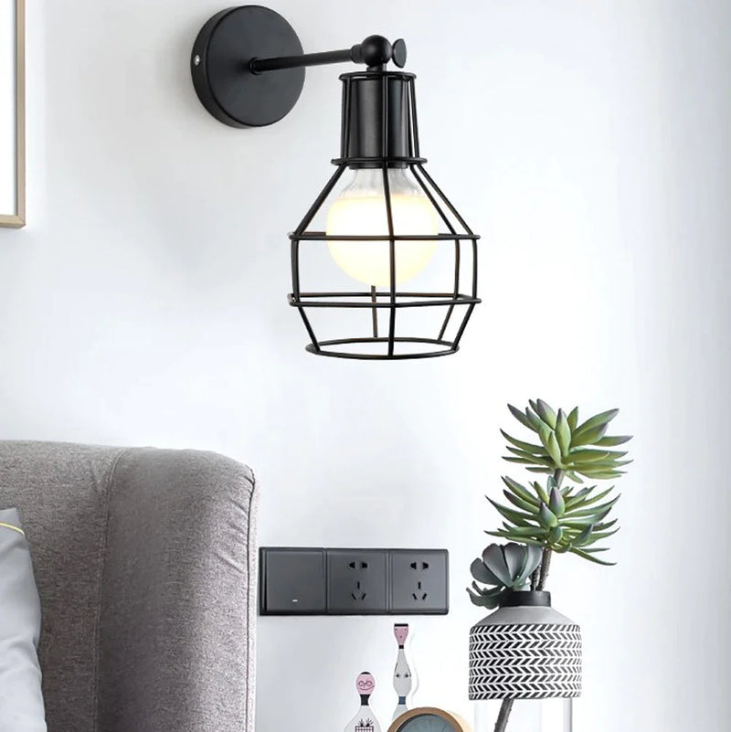 Afralia™ Black Iron Cage Wall Lamp: Retro Indoor Sconce for Bedroom, Bar, and Reading