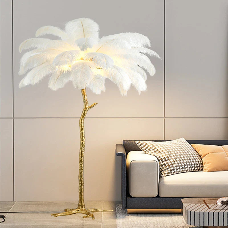 Afralia™ Ostrich Feather LED Floor Lamp - Gold Resin Modern Standing Light