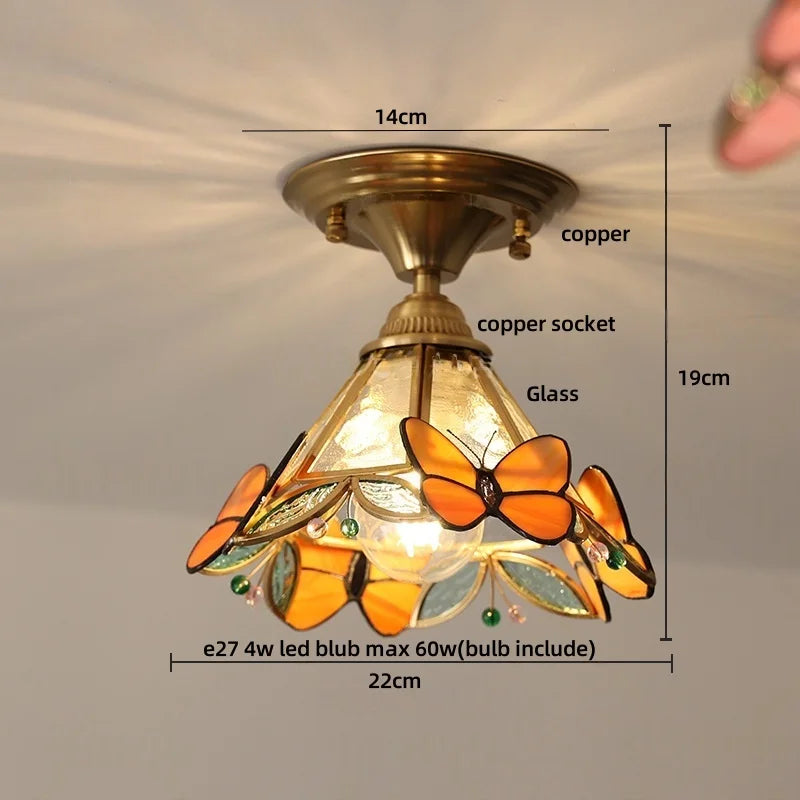Afralia™ Handcrafted Glass Copper Canopy Ceiling Light Tiffany Style Glass Vintage Loft