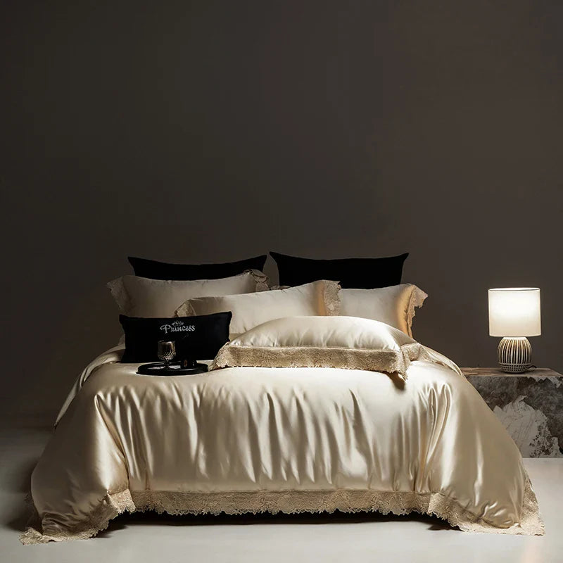 Afralia™ Luxe French Lace Edge Bedding Set: Silky Lyocell Cotton Duvet Cover, Sheet & Pillowcases