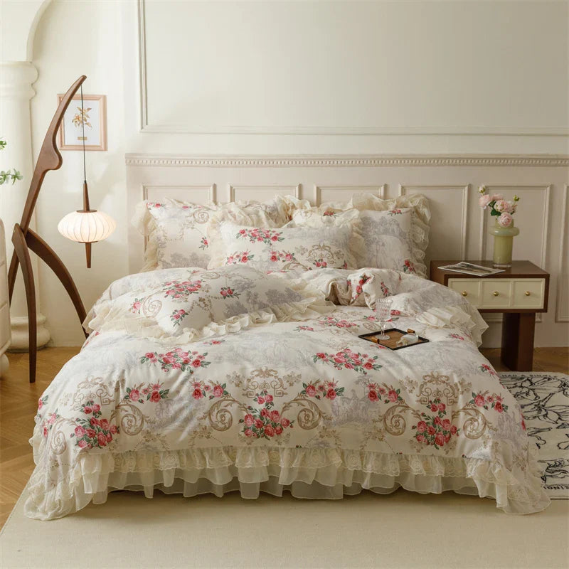 Afralia™ French Country Flowers Print Bedding Set with Lace Ruffles