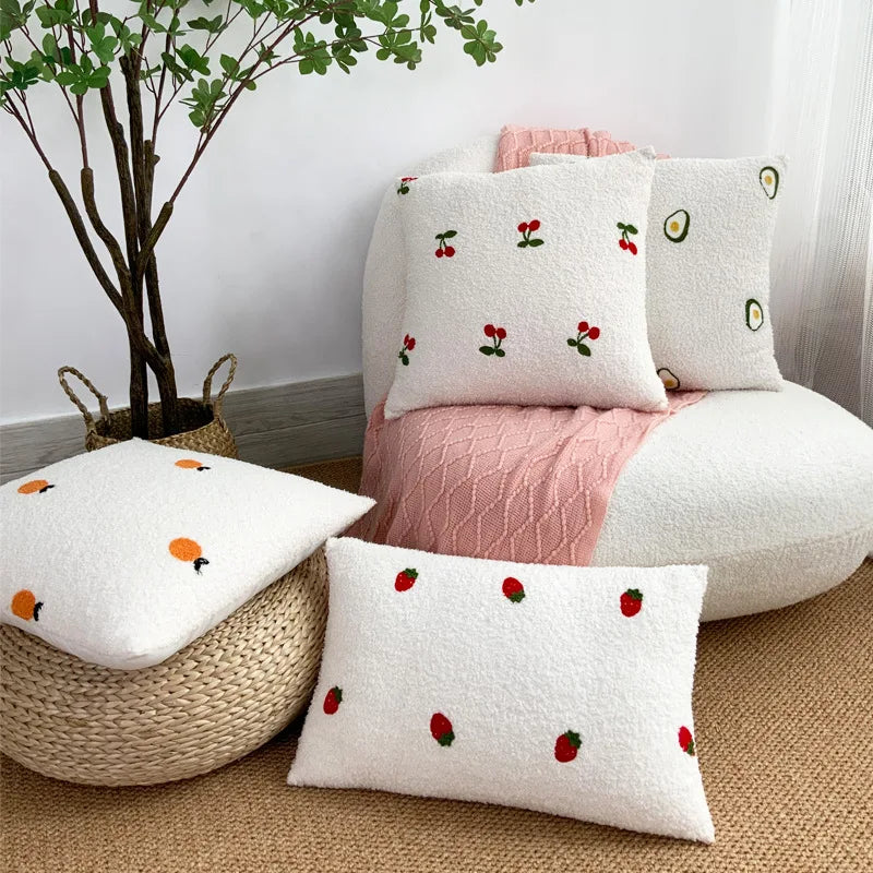 Afralia™ White Plush Fruit Embroidered Cushions - Cherry Daisy Bear Covers - 45*45CM