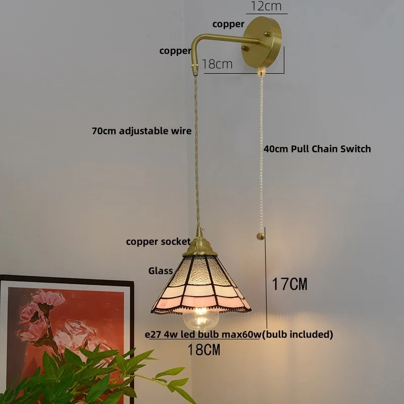 Afralia™ Glass Brass LED Wall Sconce Pull Chain Switch Vintage Vanity Light