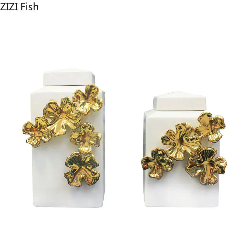 Afralia™ Golden Flower Relief Ceramic Storage Jar for Desk Decoration and Jewelry Box