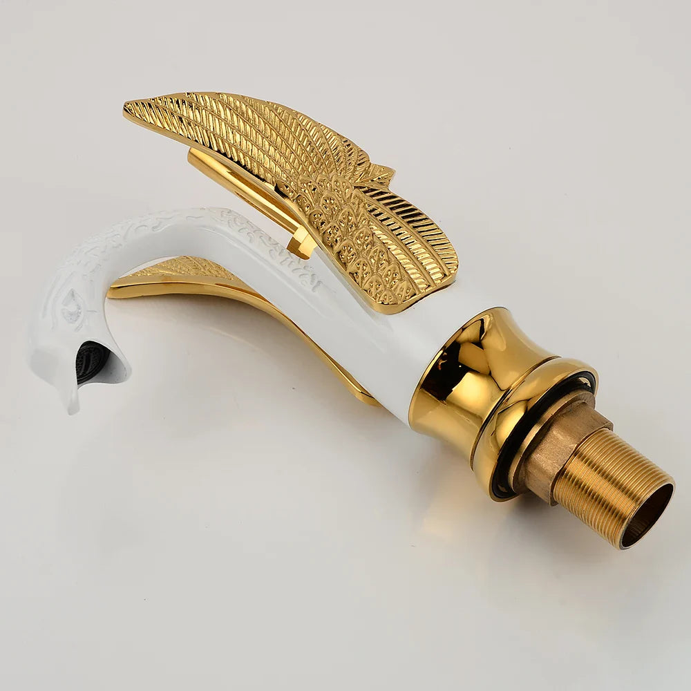 Afralia™ Swan Gold and White Basin Faucet: Luxury Copper Mixer Taps (Hot/Cold)