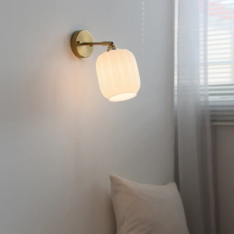 Afralia™ White Glass LED Wall Light with Pull Chain Switch, Japanese Style, Copper Base
