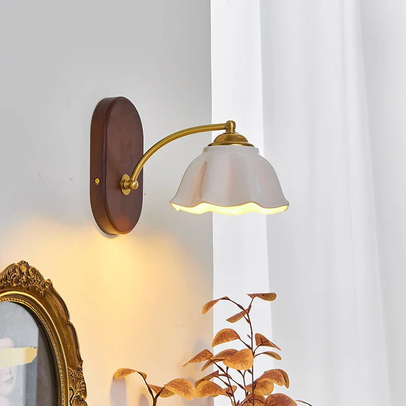 Afralia™ LED Japanese Style Wall Lights Copper Wood Bedside Lamp for Home Bedroom