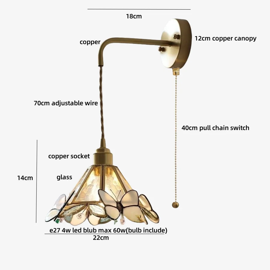 Afralia™ LED Butterfly Glass Wall Lamp Sconce with Pull Chain Switch