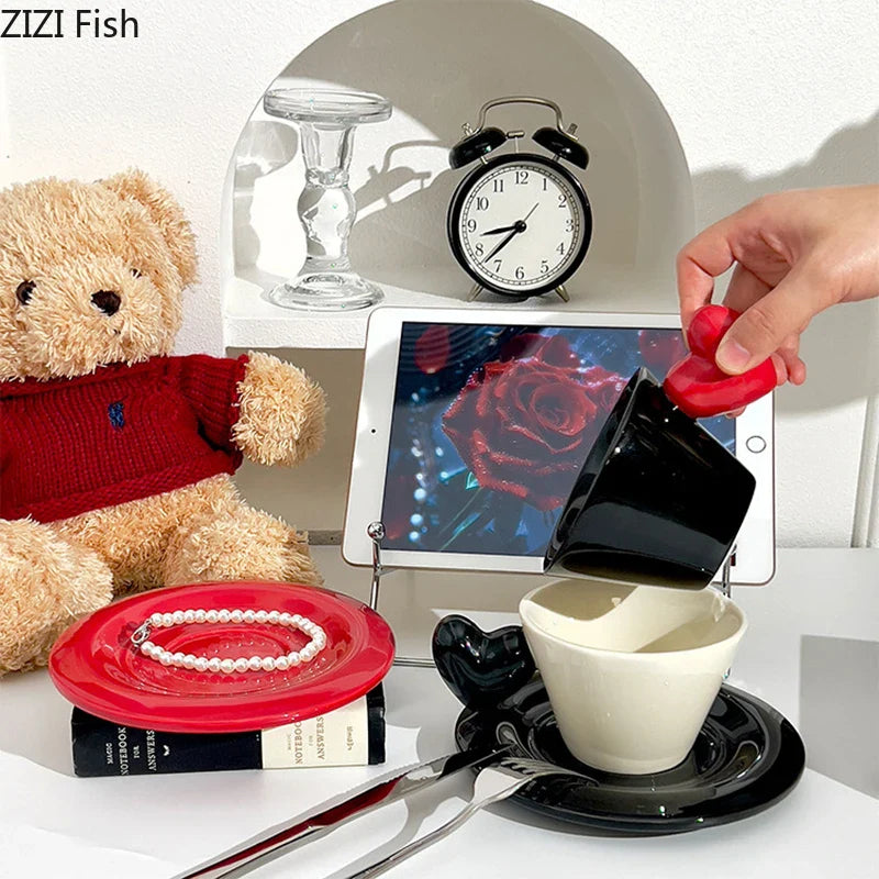 Afralia™ Heart Shape Porcelain Lovers Mug Set Dining Coffee Cup Tea Saucer Juice Cup