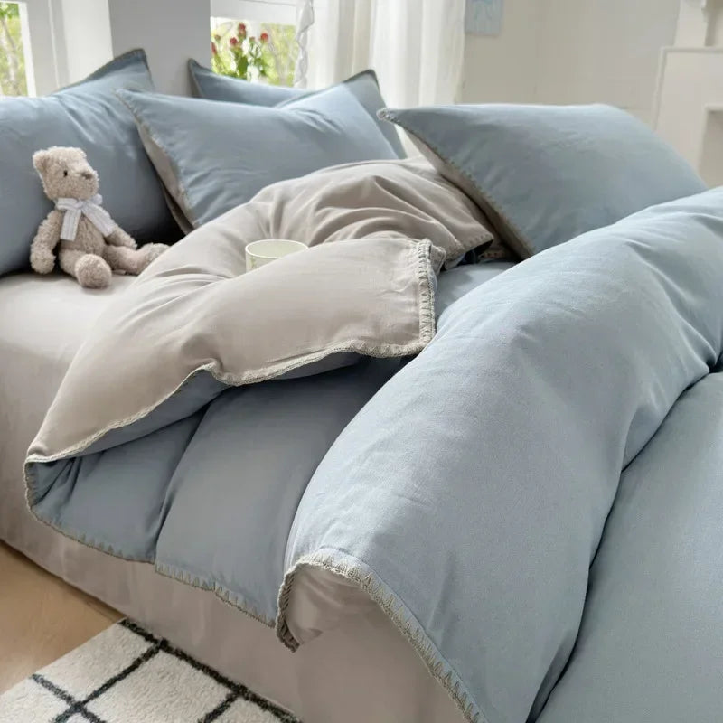 Afralia™ Double-Layer Cotton Bedding Set - Soft, Skin-Friendly Solid Cover for Single Queen Bed