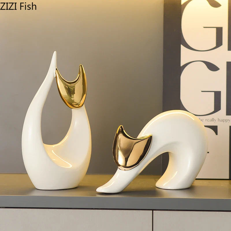 Afralia™ Ceramic Kitten Statue White Cat Sculpture Room Decor Aesthetics