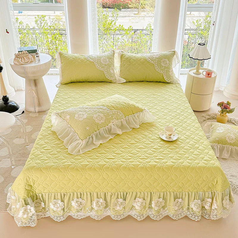 Afralia™ Pink Cotton Quilted Bedspread Set with Lace Edge and Pillowcases