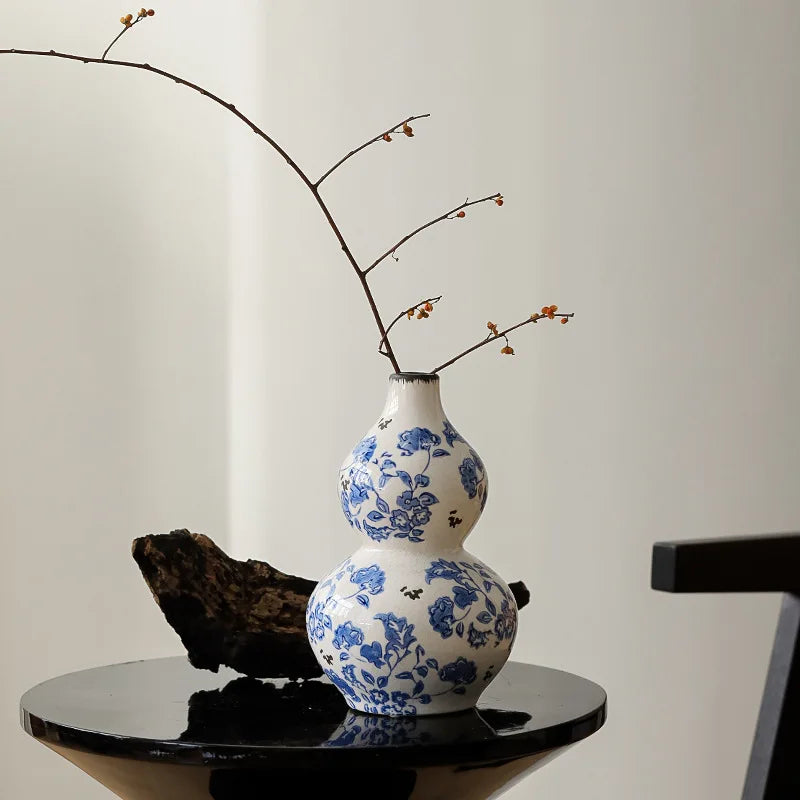 Afralia™ Blue & White Porcelain Gourd Teapot Vase - Chinese Retro Flower Arrangement Accessories
