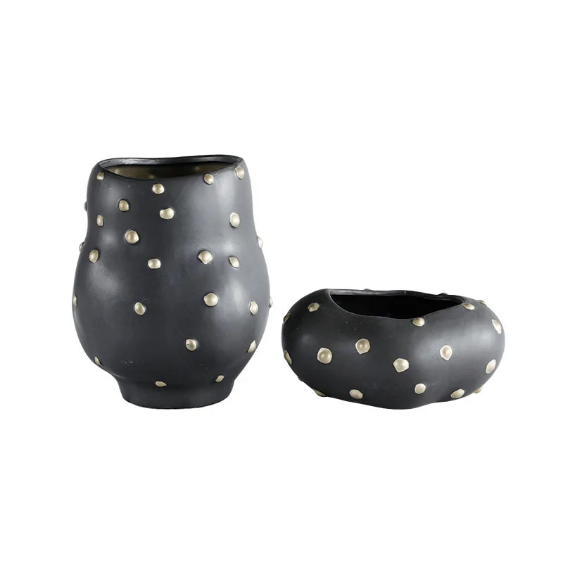 Afralia™ Black Resin Flower Pot Gold Accent Vase for Chic Home Decor