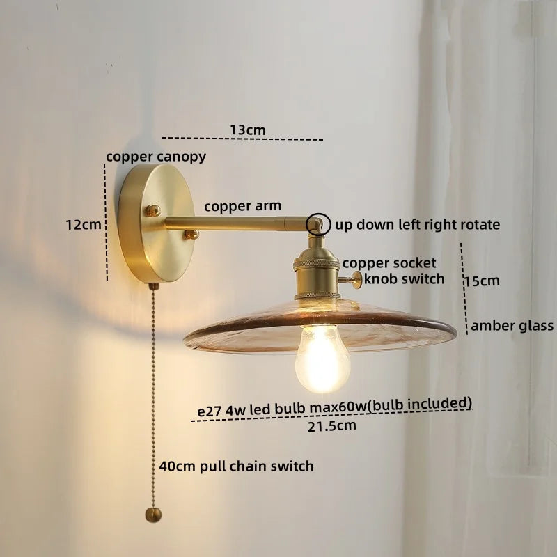 Afralia™ Glass Copper LED Wall Lamp with Knob Switch for Modern Home Decor